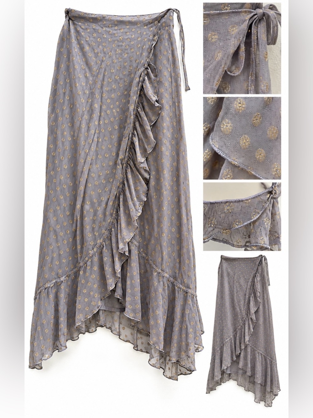 Gray Ruffle Wrap Midi Skirt with Gold Dot Print